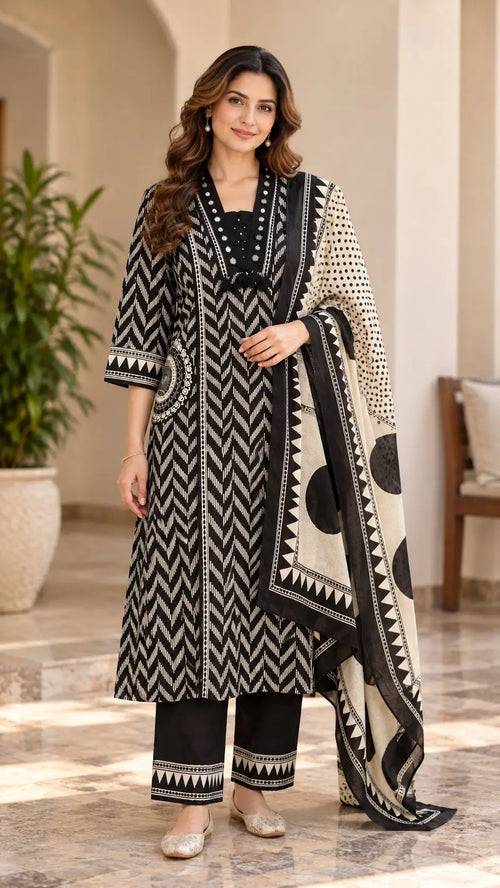 Black & White Printed Kurta Set for Women - Subi Trends