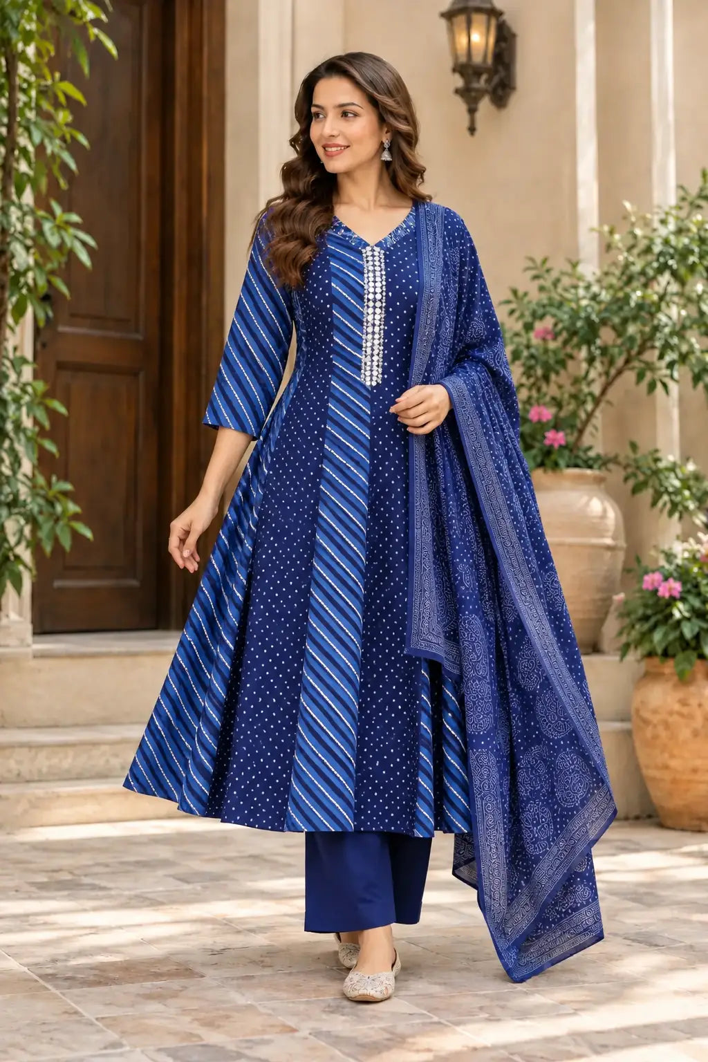 Blue Leheriya Printed Anarkali Kurta Set - Subi Trends