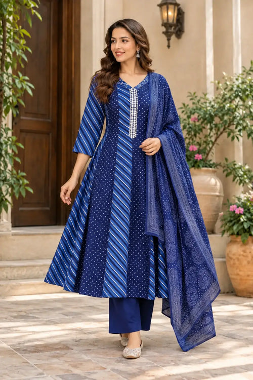 Blue Leheriya Printed Anarkali Kurta Set - Subi Trends