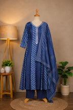 Shop the blue printed lahariya Anarkali kurta set by Subi Trends, crafted in Mul Cotton with a graceful 3-piece design for festive and everyday ethnic styling.