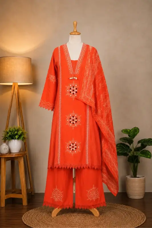 A bright orange-red traditional three-piece outfit displayed on a mannequin in a styled indoor setting. The set includes a long kurta with embroidered motifs, matching wide-leg pants, and a draped shawl.