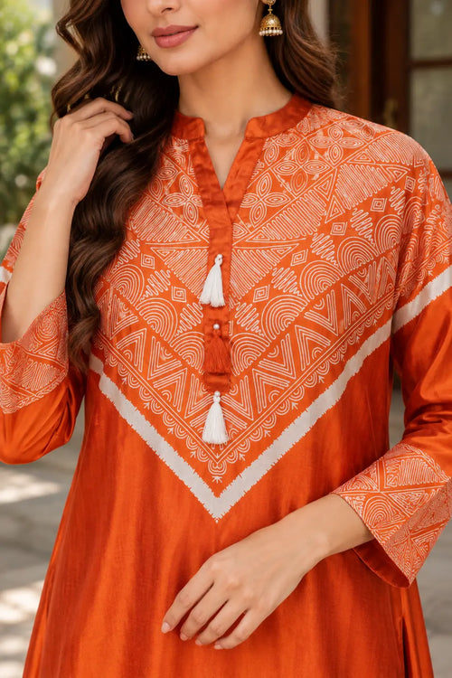 Bright Orange Geometric Printed Kurta and Pant Set - Subi Trends