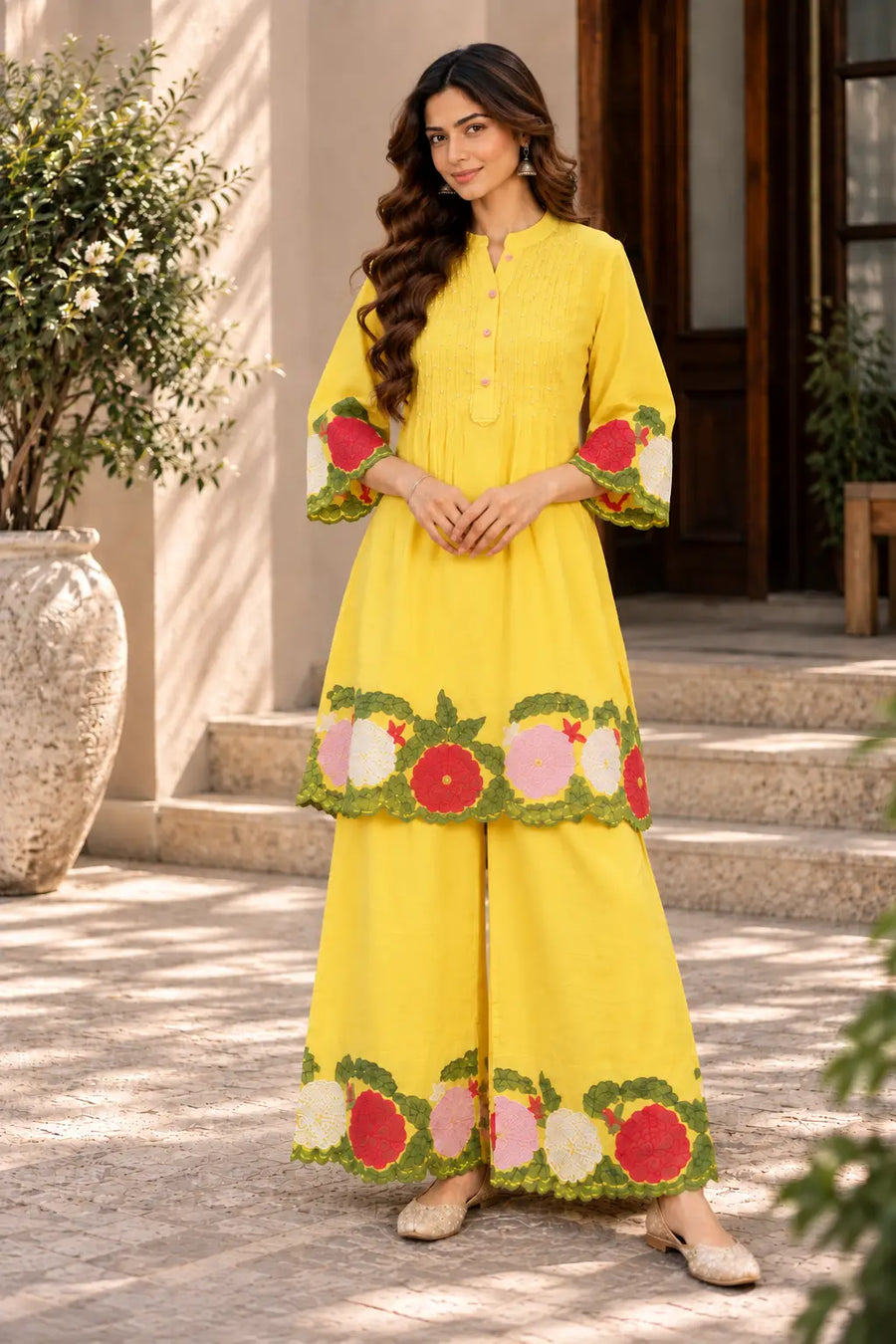 Bright Yellow Floral Embroidered Co-ord Set - Subi Trends