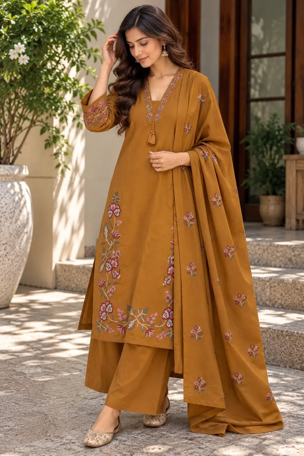 Caramel Brown Embroidered 3-Piece kurta set