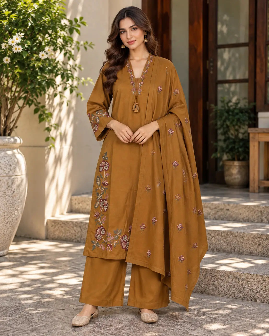 Caramel Brown Embroidered 3-Piece kurta set - Subi Trends
