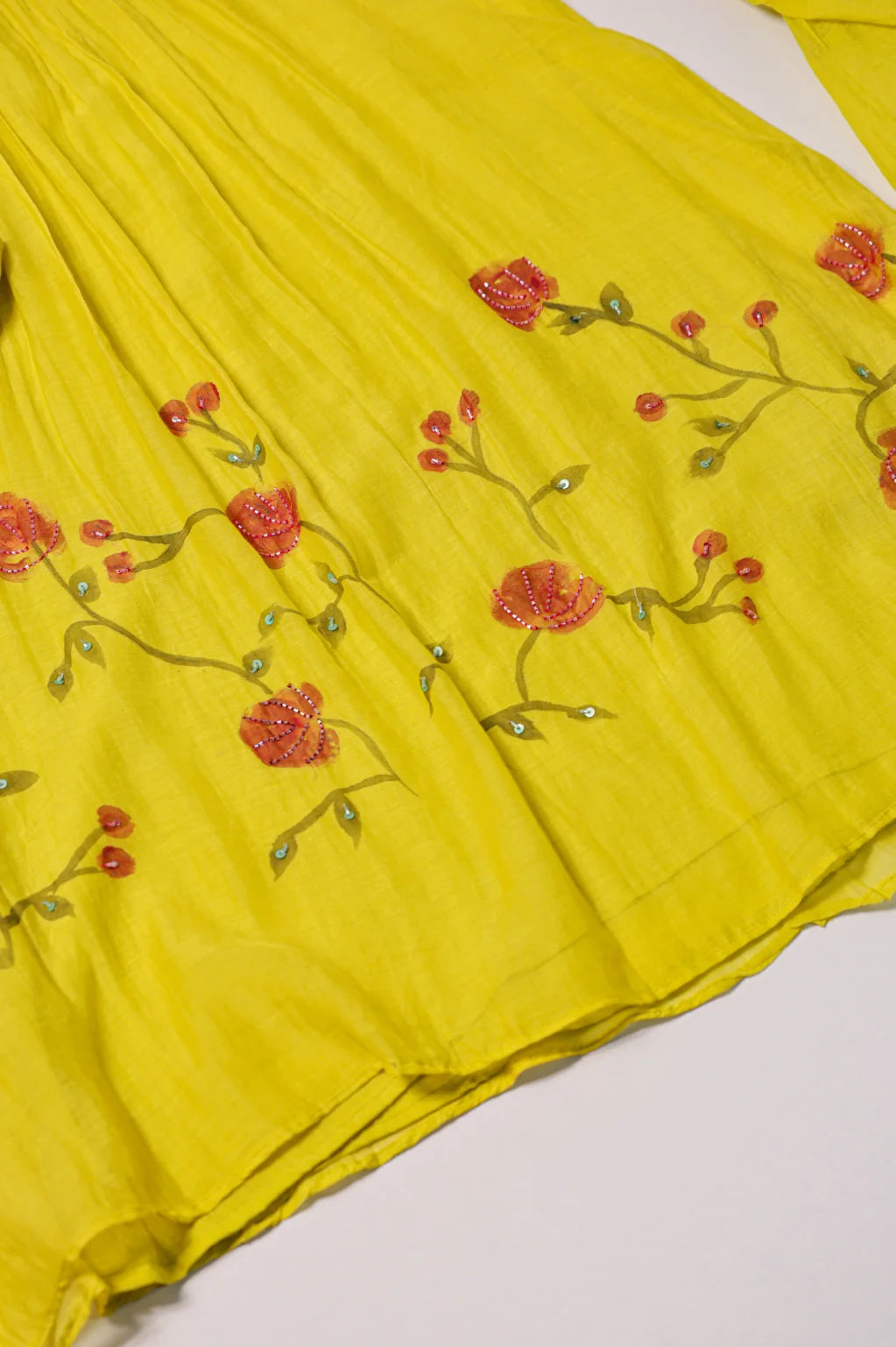 Yellow Floral Hand-Painted Thread Work Anarkali Suit Set