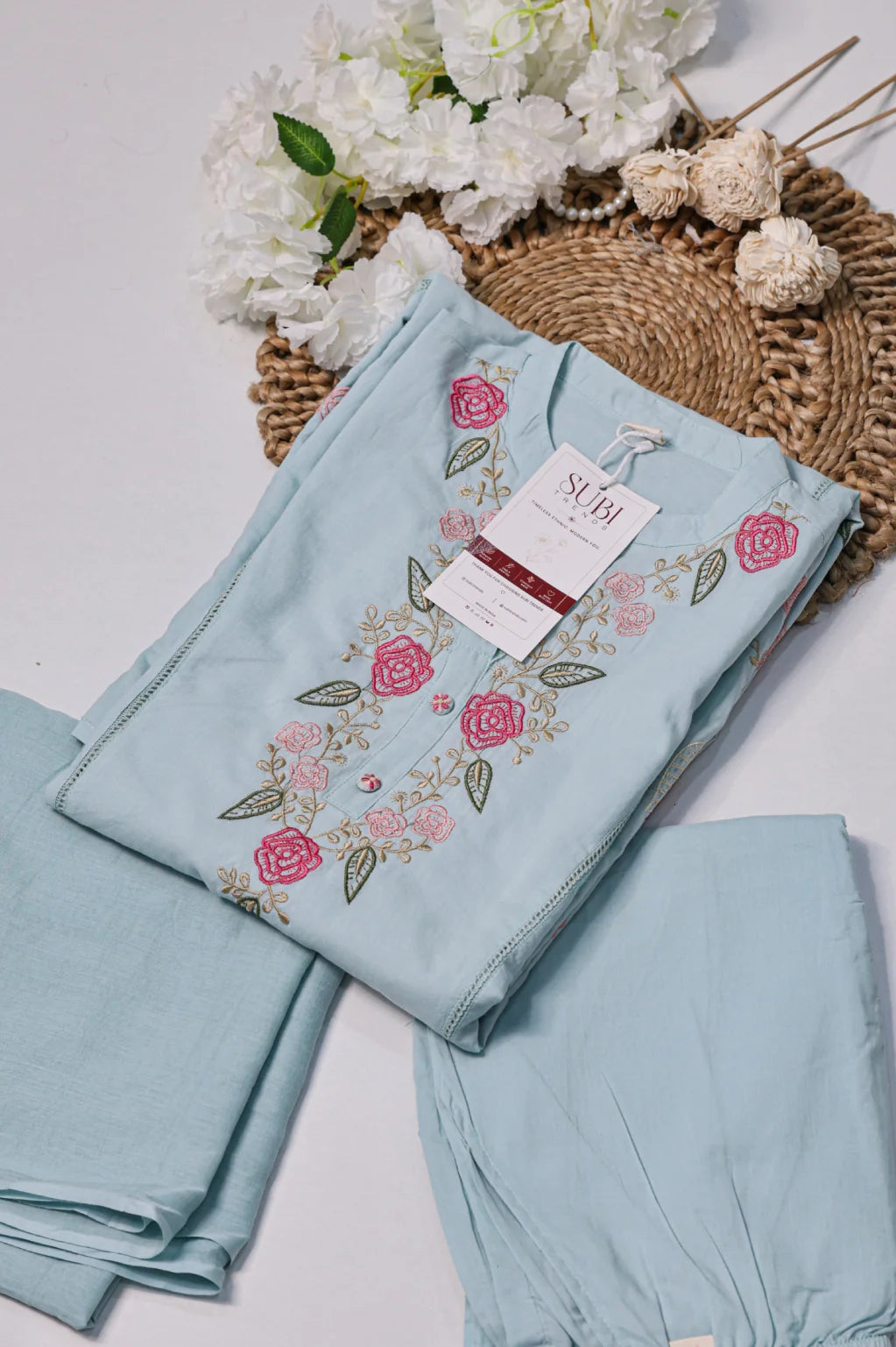 Light Blue Floral Embroidered 3-Piece Kurta Pant Set