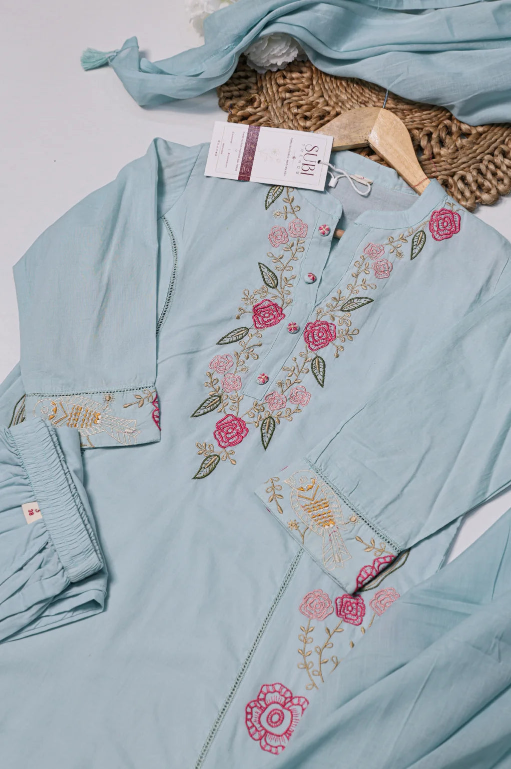 Light Blue Floral Embroidered 3-Piece Kurta Pant Set