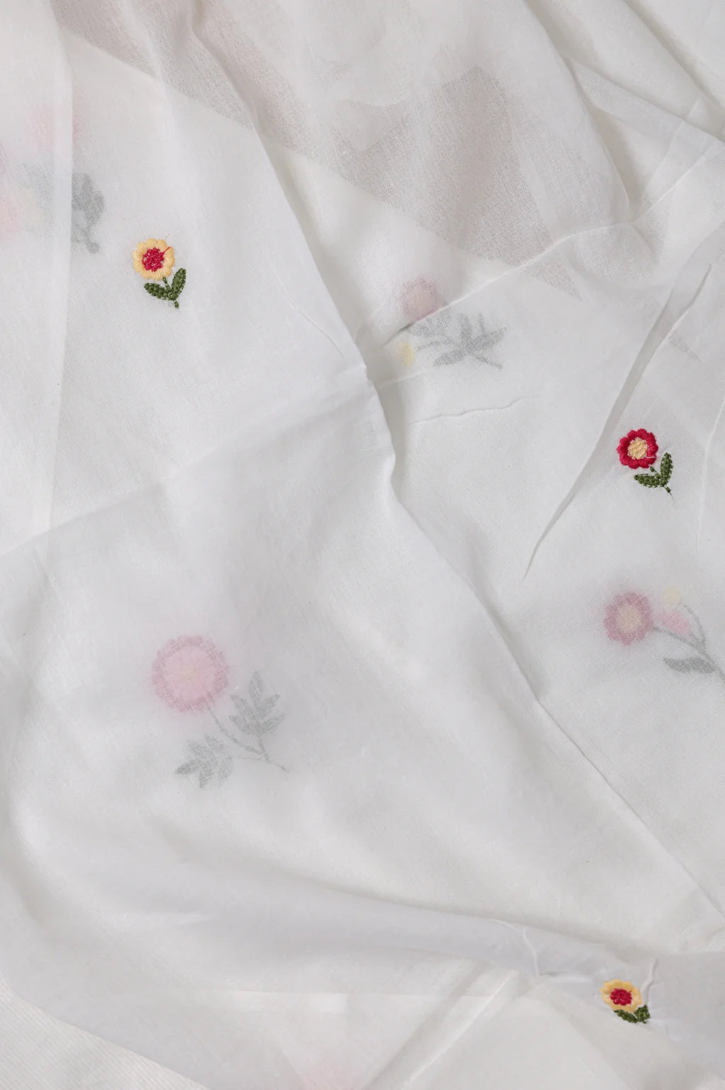 White Cotton Kurta Set With Pink Floral Embroidered