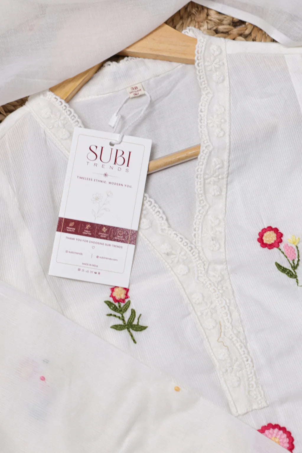 White Cotton Kurta Set With Pink Floral Embroidered
