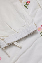 White Cotton Kurta Set With Pink Floral Embroidered