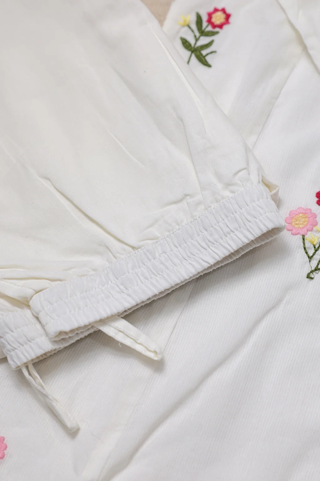 White Cotton Kurta Set With Pink Floral Embroidered