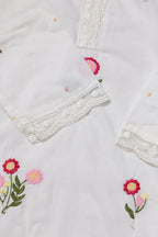 White Cotton Kurta Set With Pink Floral Embroidered