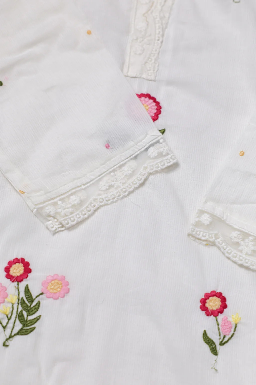 White Cotton Kurta Set With Pink Floral Embroidered