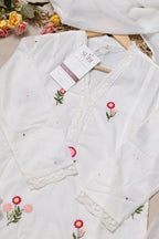 White Cotton Kurta Set With Pink Floral Embroidered