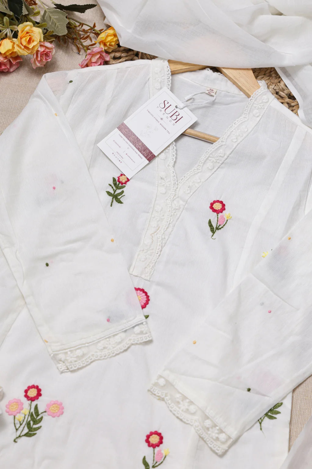 White Cotton Kurta Set With Pink Floral Embroidered