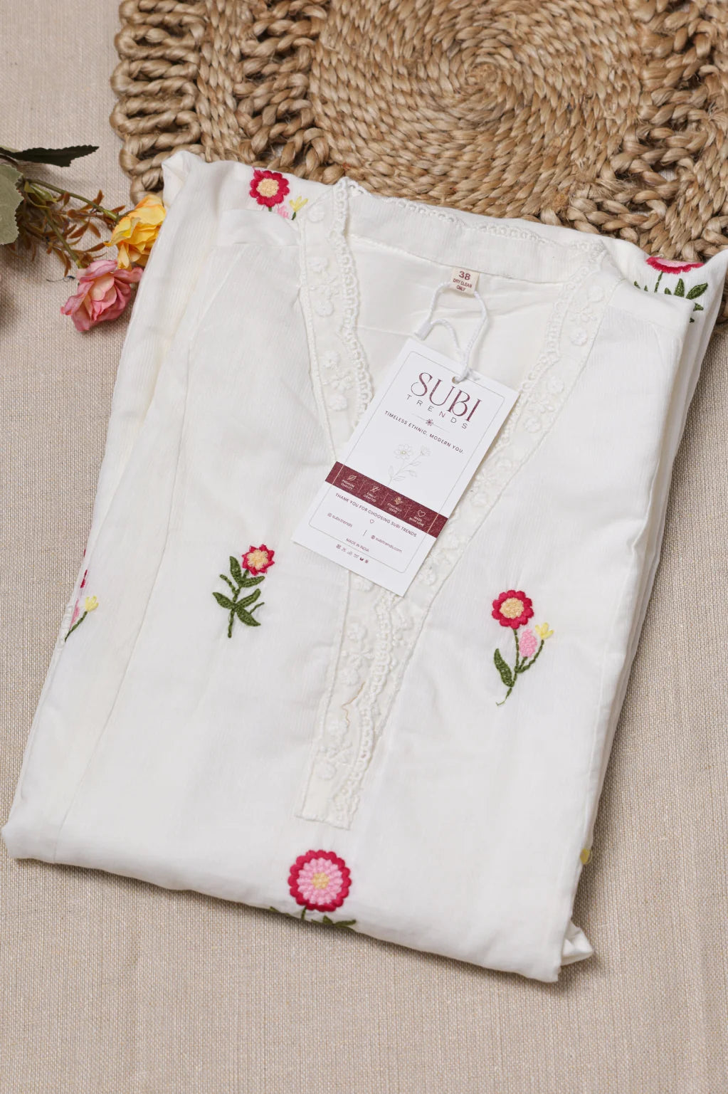 White Cotton Kurta Set With Pink Floral Embroidered