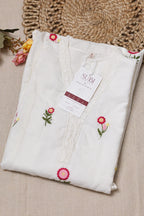 White Cotton Kurta Set With Pink Floral Embroidered