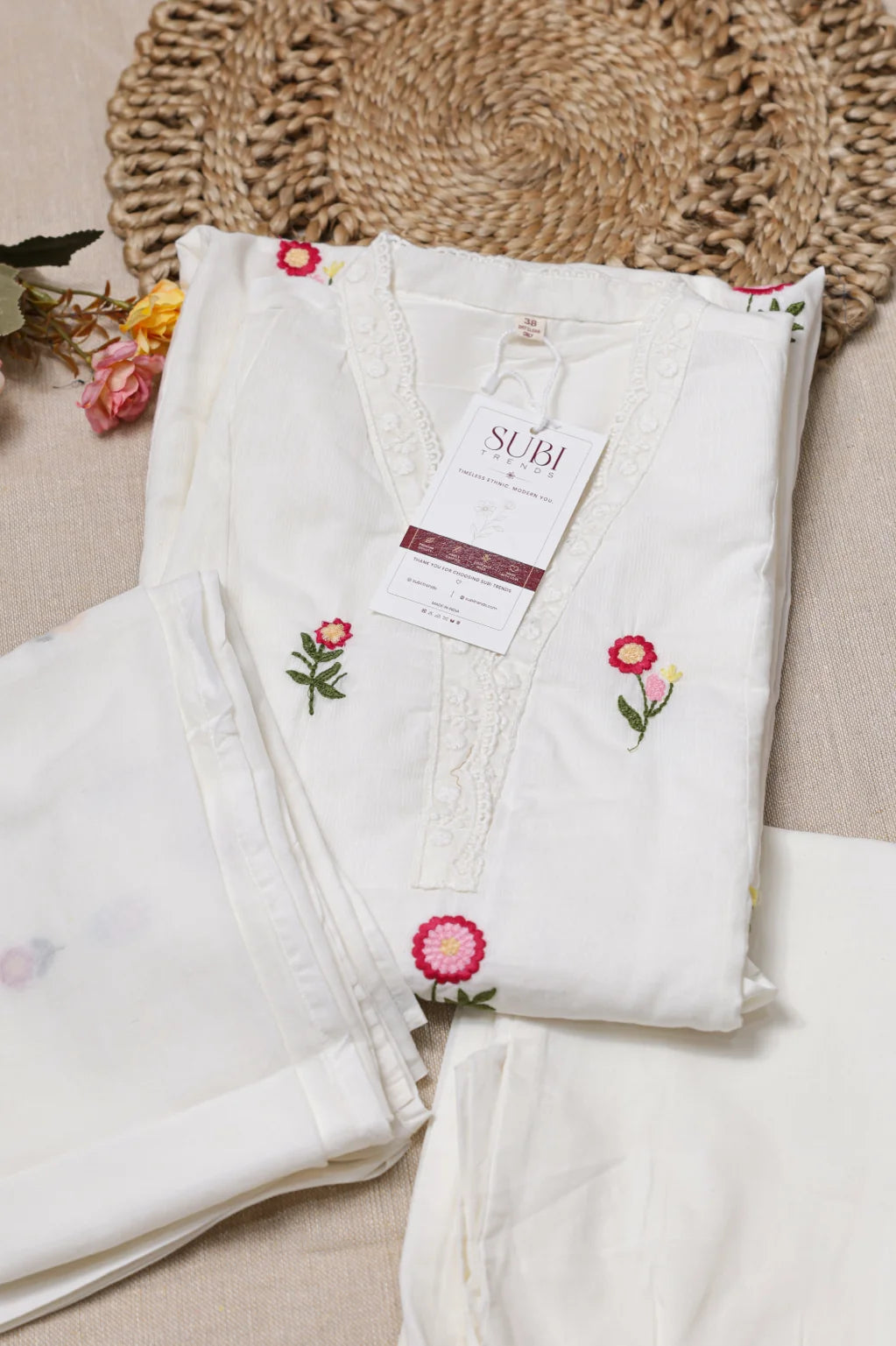 White Cotton Kurta Set With Pink Floral Embroidered