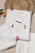 White Cotton Kurta Set With Pink Floral Embroidered