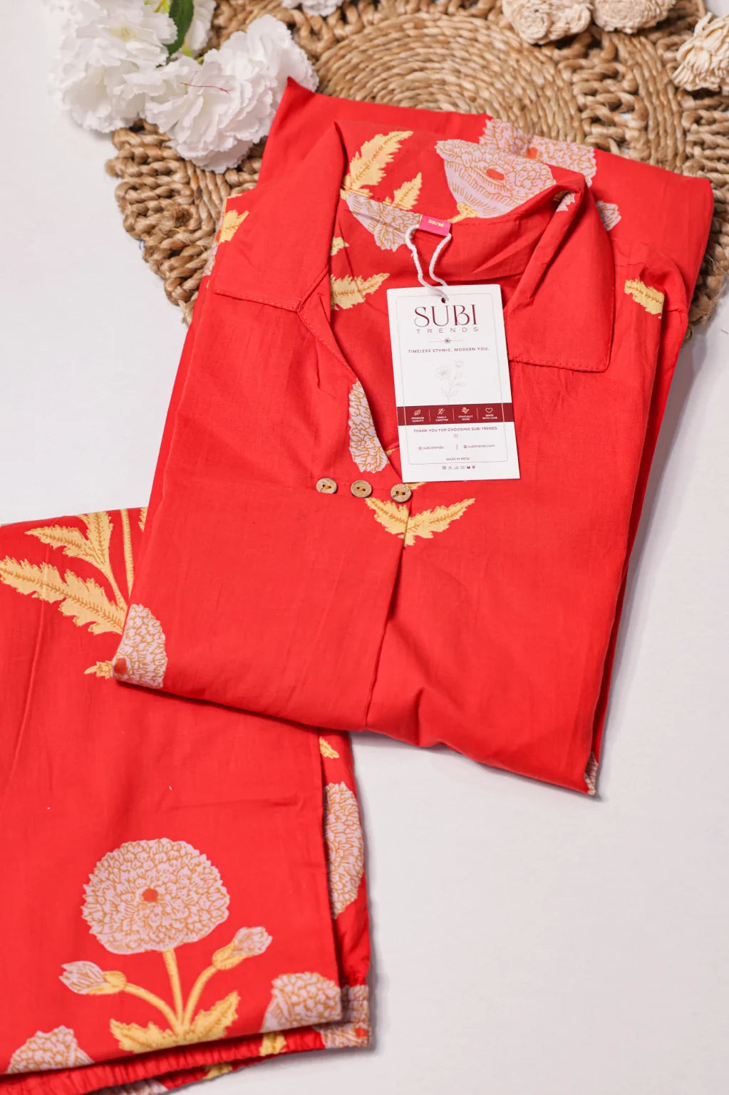 Coral Red Floral Printed A-Line Kurta Pant Set