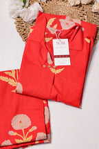 Coral Red Floral Printed A-Line Kurta Pant Set