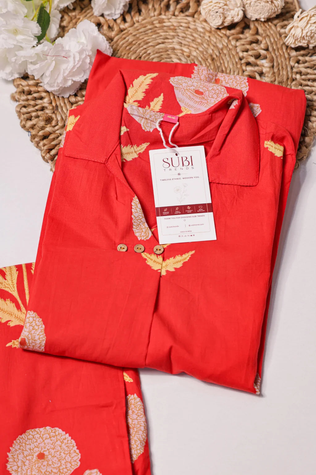 Coral Red Floral Printed A-Line Kurta Pant Set