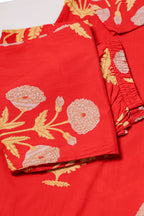 Coral Red Floral Printed A-Line Kurta Pant Set