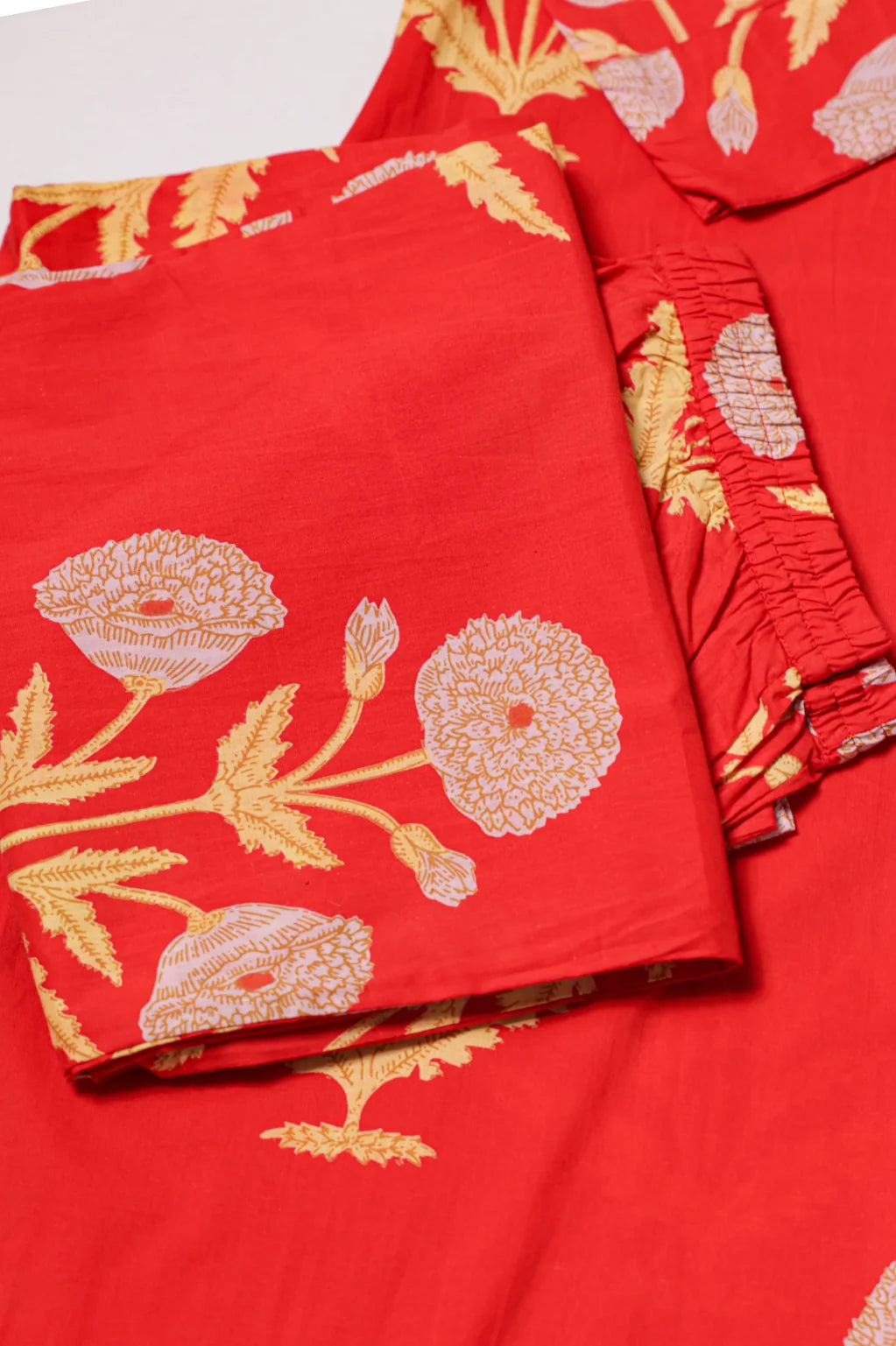 Coral Red Floral Printed A-Line Kurta Pant Set