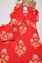 Coral Red Floral Printed A-Line Kurta Pant Set