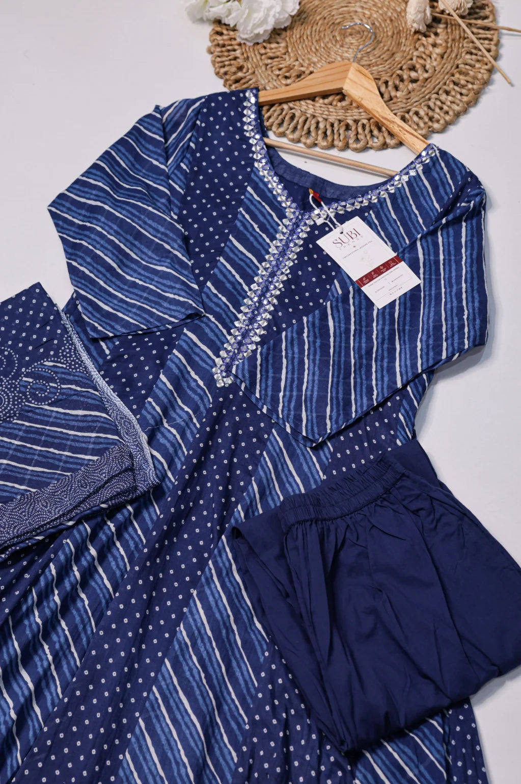 Blue Leheriya Printed Anarkali Kurta Set