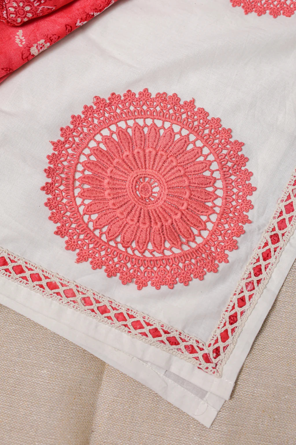 White & Coral Red Embroidered Kurta Palazzo Set