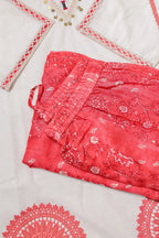 White & Coral Red Embroidered Kurta Palazzo Set