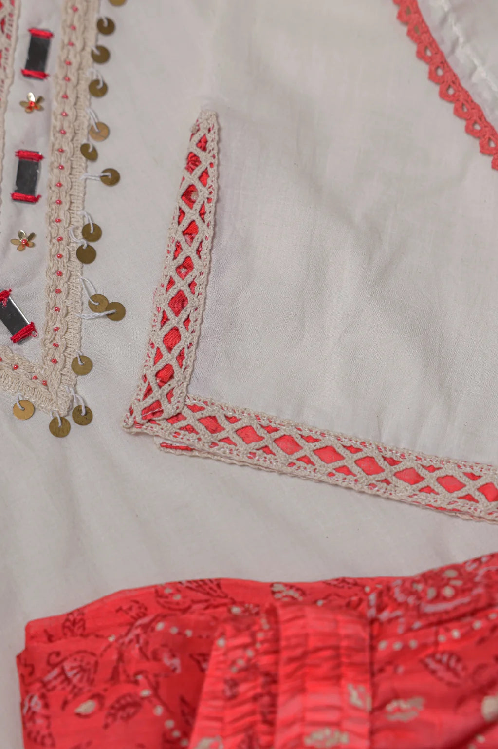 White & Coral Red Embroidered Kurta Palazzo Set