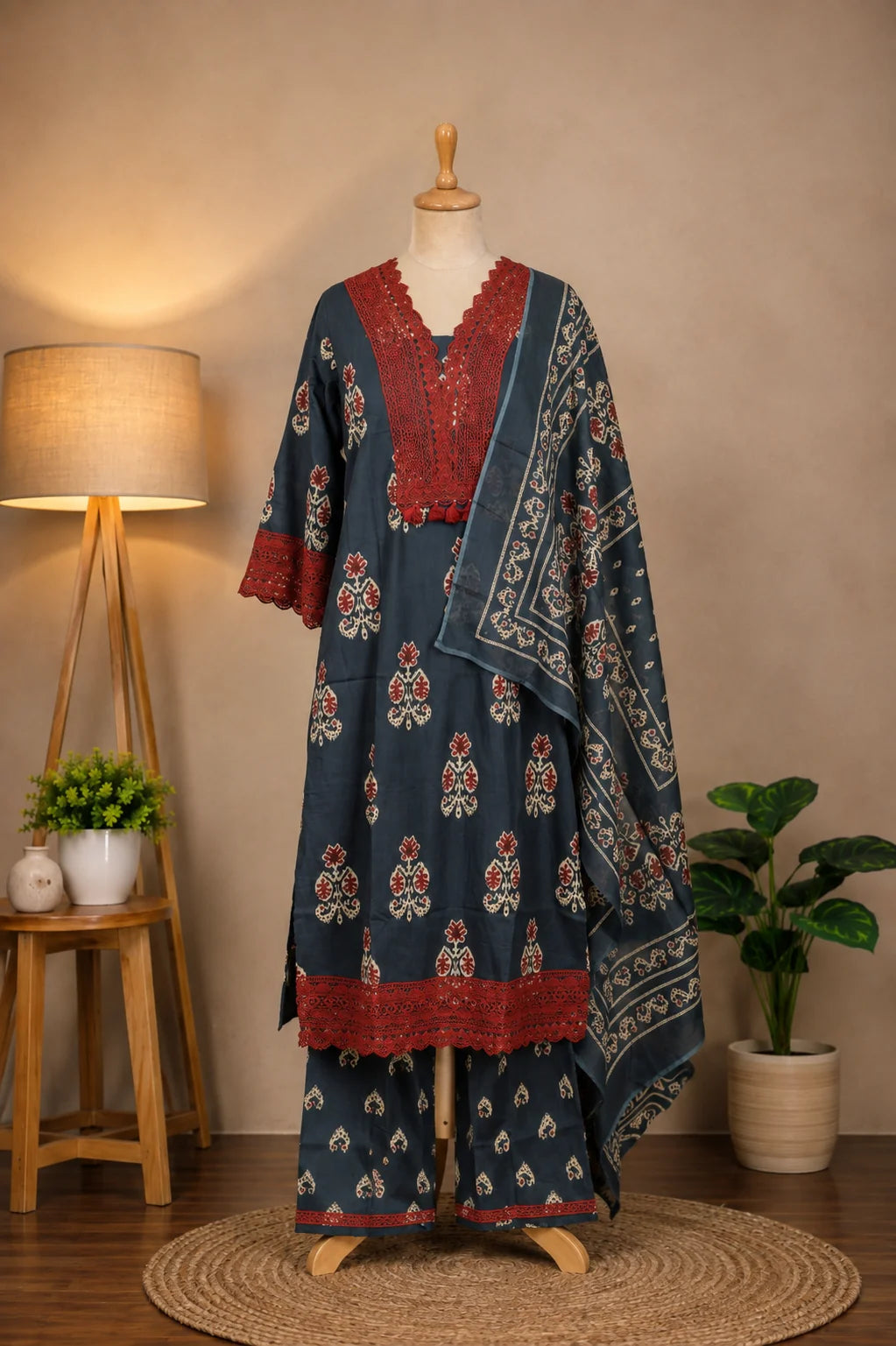 Slate Blue Ajrakh Printed Kurta Set