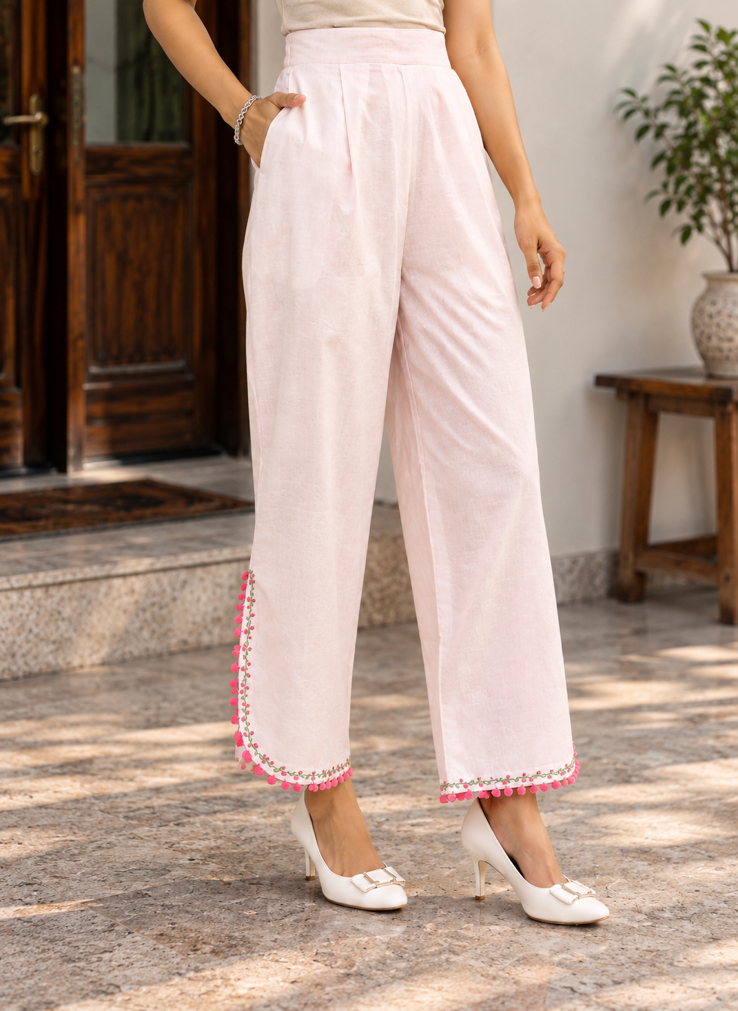White Floral Embroidered Cotton Blend A-Line Suit Set