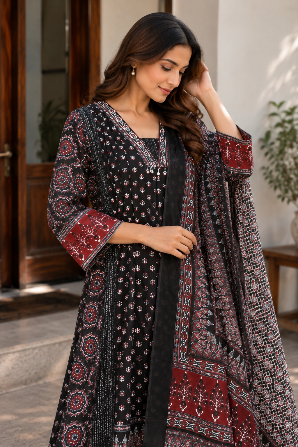 Ajrakh Printed Cotton Anarkali Kurta Set for Women