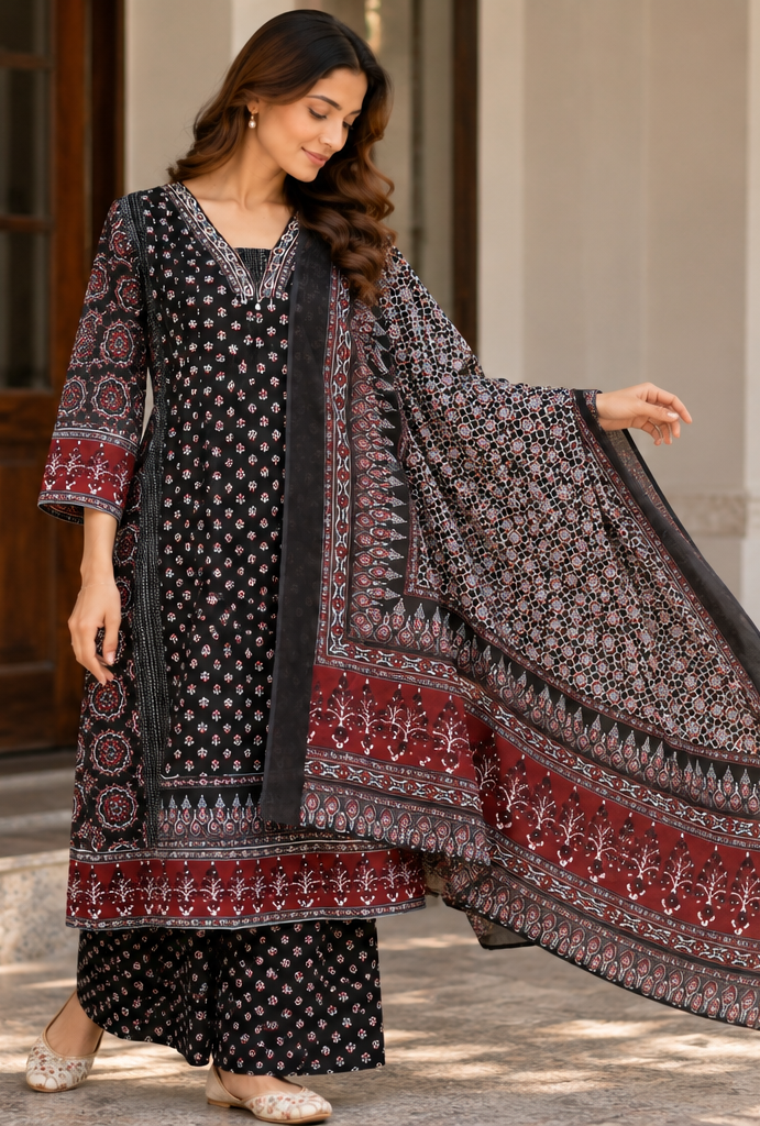 Ajrakh Printed Cotton Anarkali Kurta Set for Women