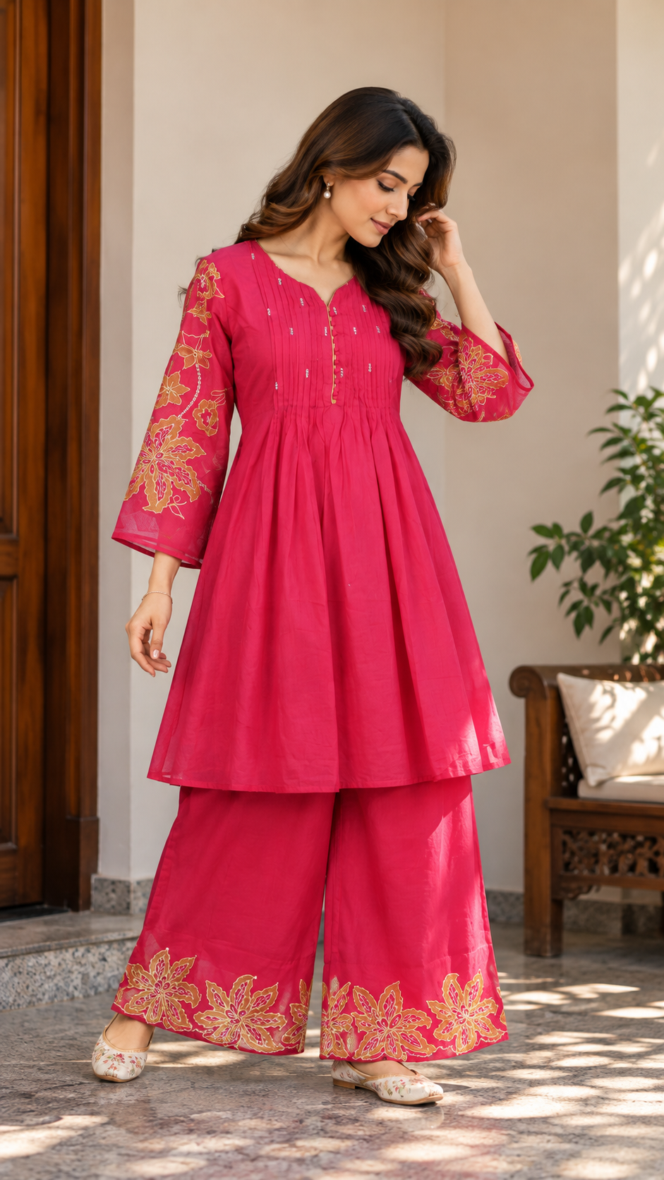 Fuchsia Pink Chanderi Silk Kurta Palazzo Set