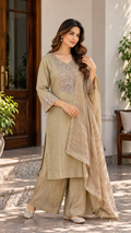 Beige Embroidered Suit Set for Women