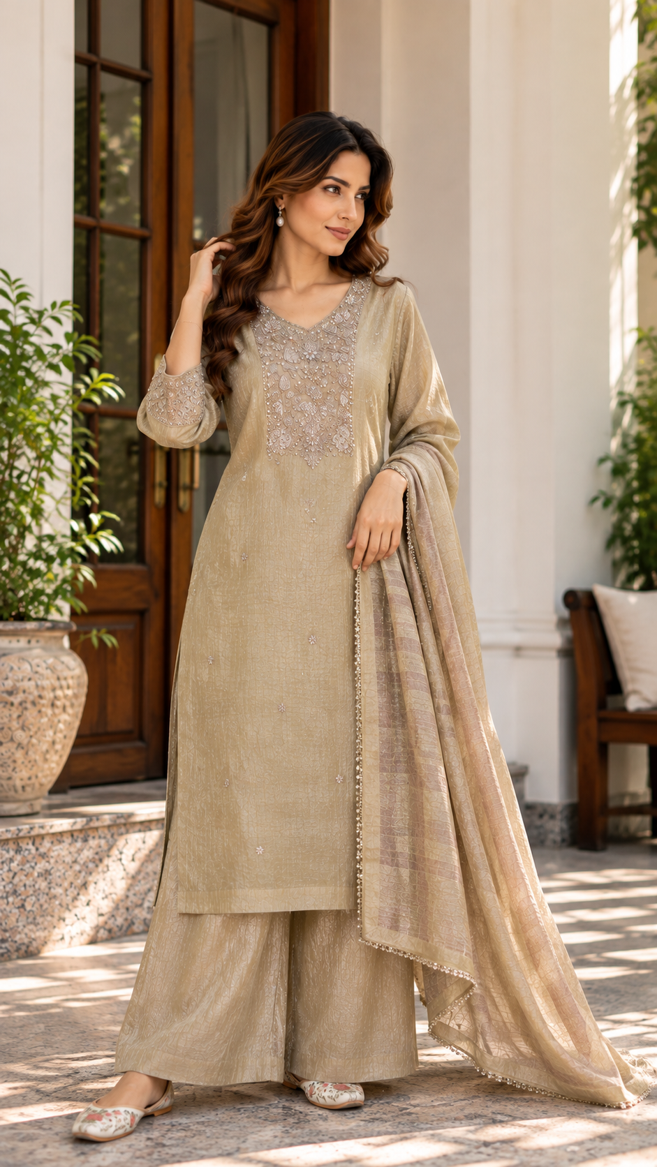 Beige Embroidered Suit Set for Women