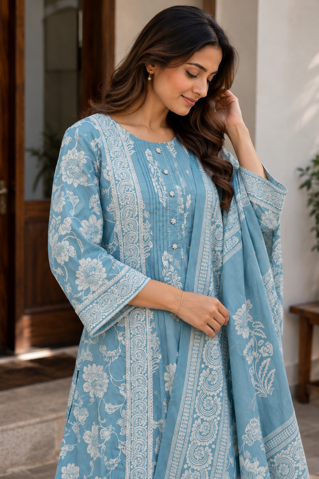 Light Blue Floral Printed Kurta Set