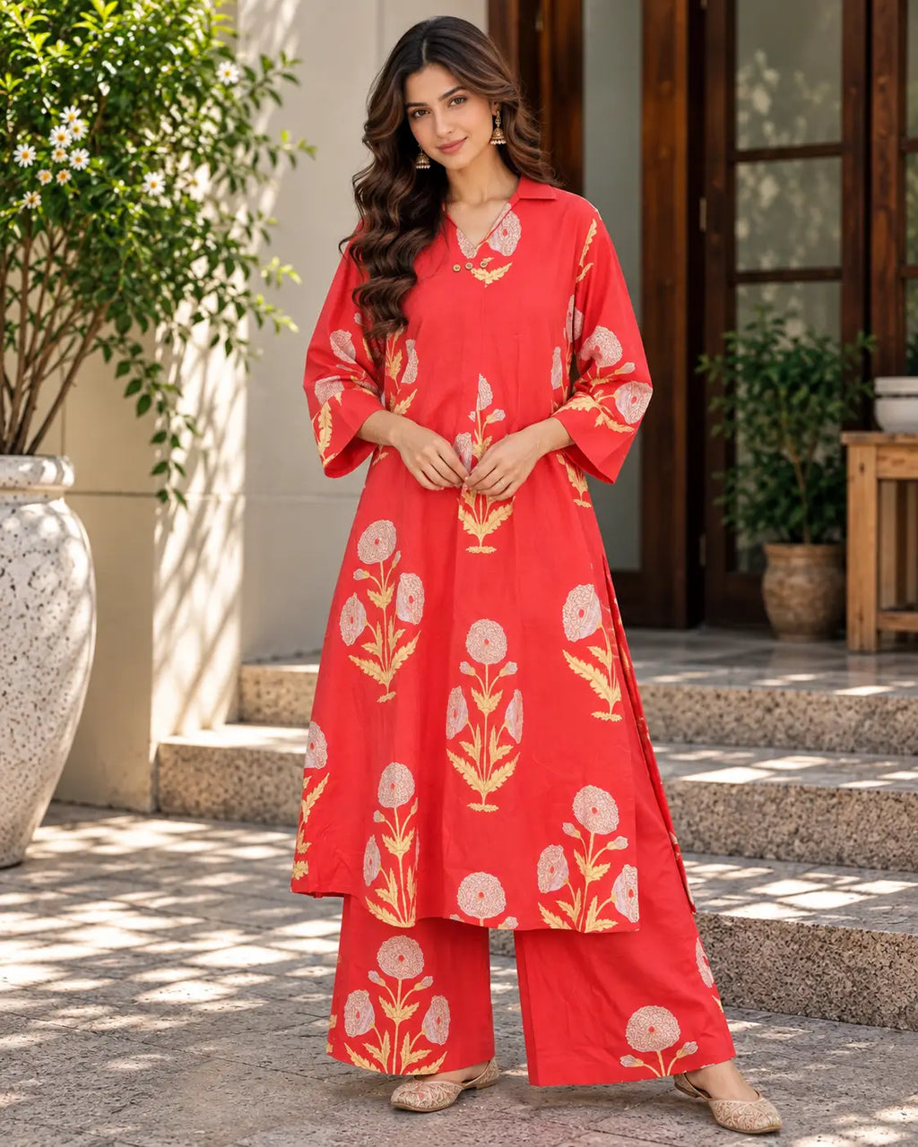 Coral Red Floral Printed A-Line Kurta Pant Set - Subi Trends