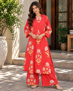 Coral Red Floral Printed A-Line Kurta Pant Set - Subi Trends