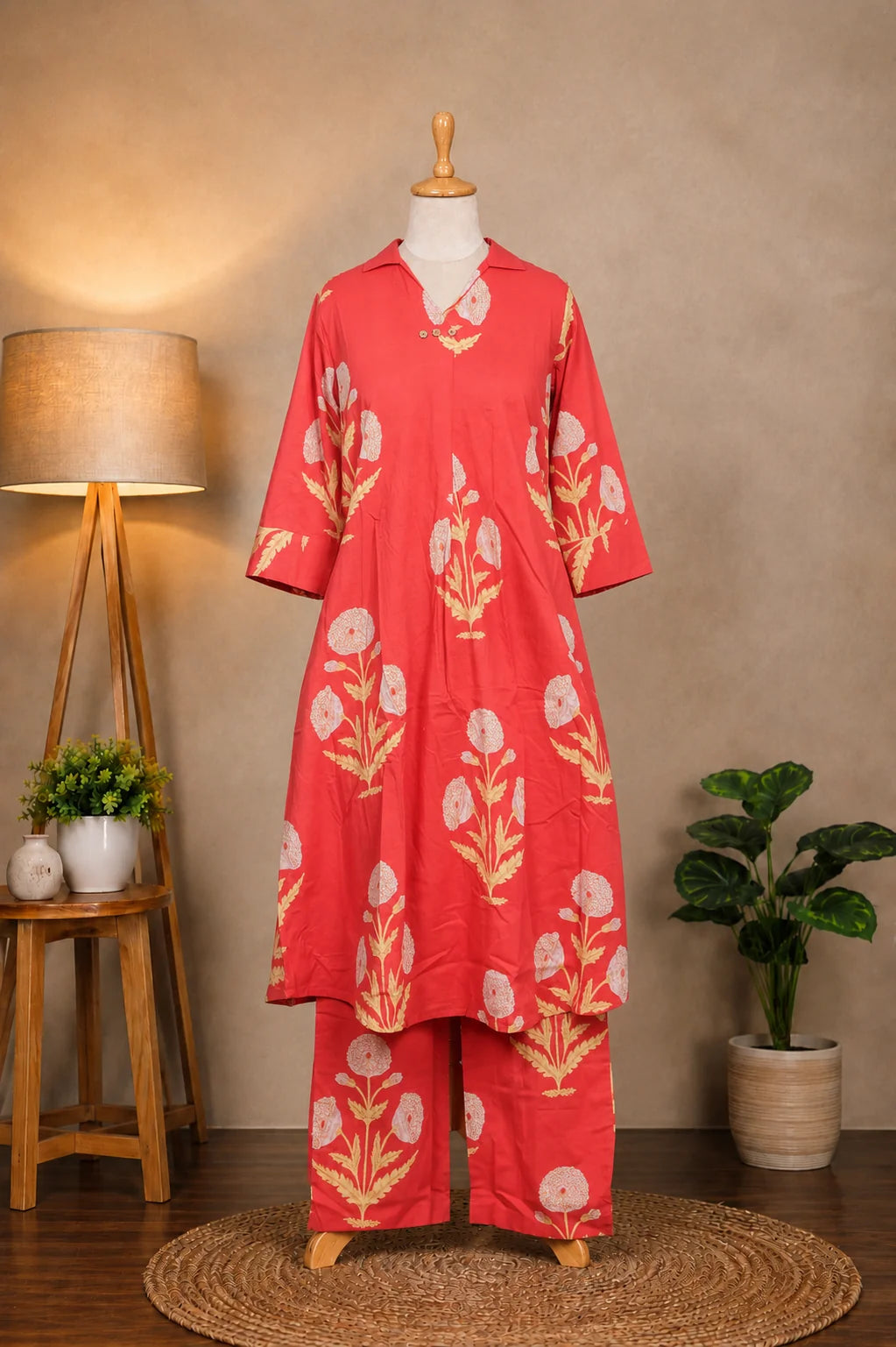 Shop the coral red floral printed A-line kurta pant set by Subi Trends, crafted in pure cotton with a beautiful floral print for effortless ethnic styling.