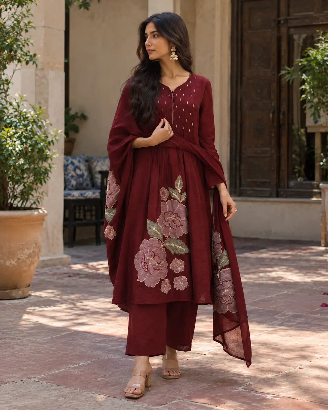 Dark Maroon Mul Chanderi Anarkali 3-Piece Suit Set - Subi Trends