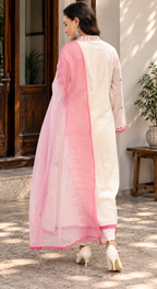 White Floral Embroidered Cotton Blend A-Line Suit Set