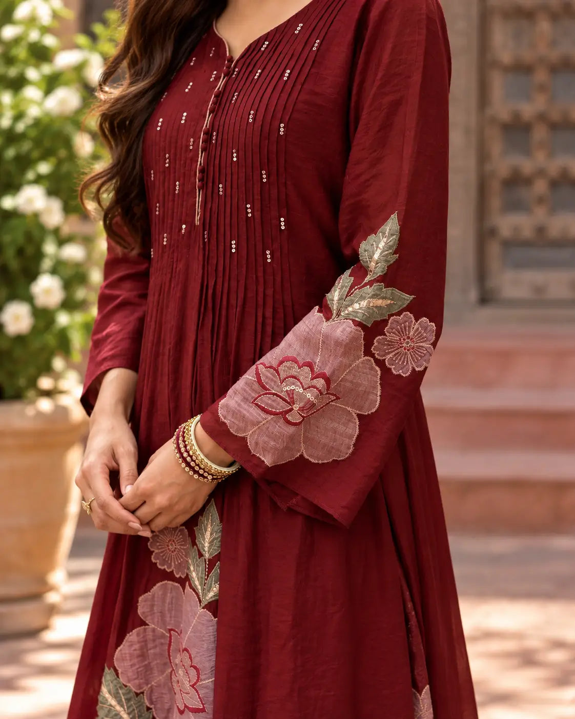 Dark Maroon Mul Chanderi Anarkali 3-Piece Suit Set