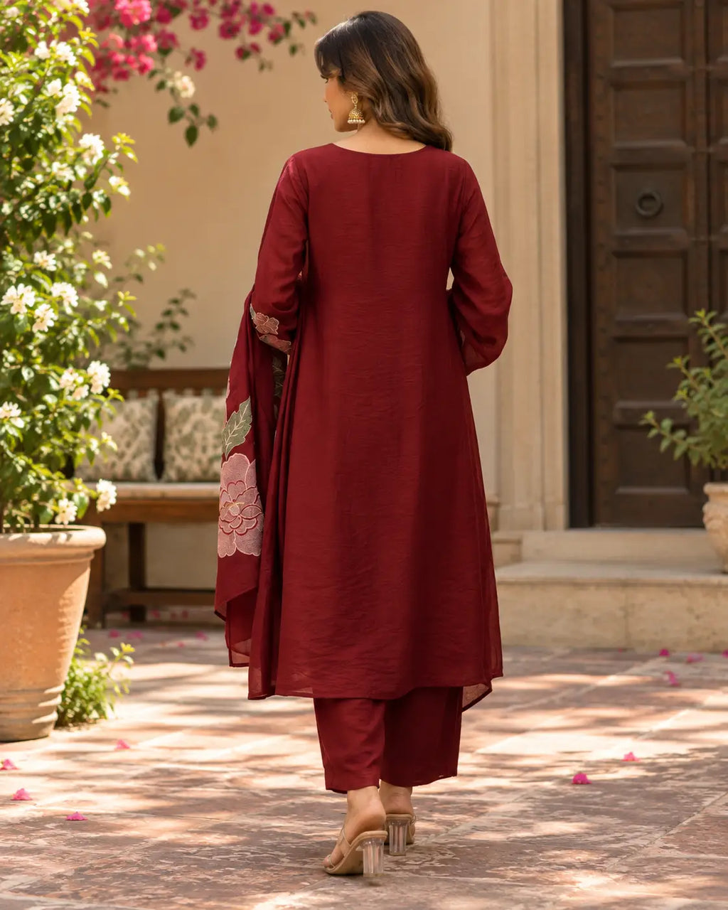 Dark Maroon Mul Chanderi Anarkali 3-Piece Suit Set