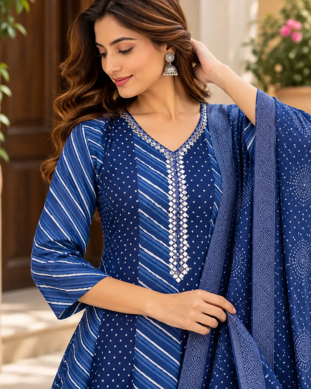 Blue Leheriya Printed Anarkali Kurta Set